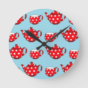 Horloge Ronde Spotty Red Teapot et tasses Motif bleu