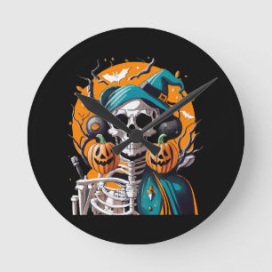 Horloge Ronde Squelette et citrouille