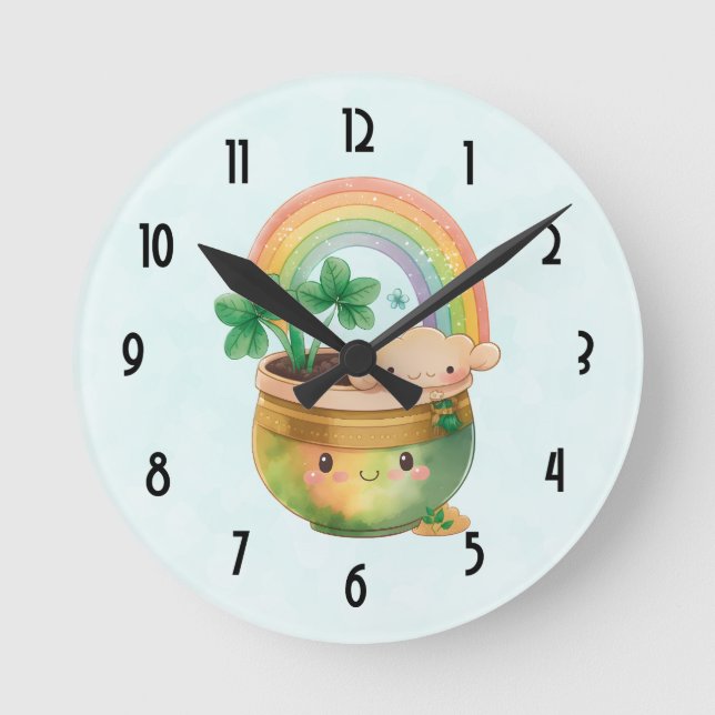 Horloge Ronde St. Patrick's Day Whimsical Arc-en-ciel et trèfle (Recto)