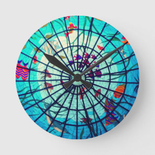 Horloge Ronde Stained glass ocean tropical fish
