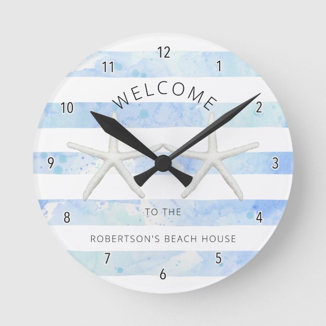 Horloge Ronde Starfish Beach Blue and White Modern Stripe (Recto)