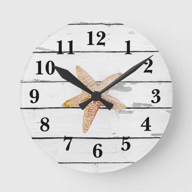 Horloge Ronde Starfish Peinture Beach Shiplap Décor rustique (Recto)