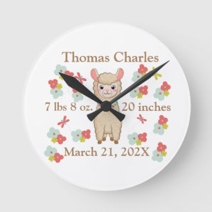 Horloge Ronde Statistiques de naissance Bébé Llamas Fleurs Papil