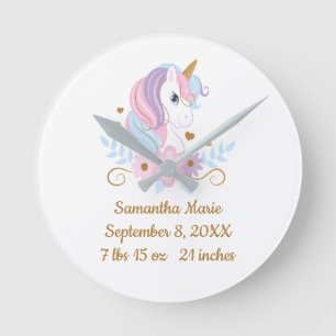 Horloge Ronde Statistiques de naissance Licorne Rose Bleu Or, Fé