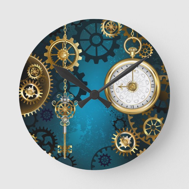Horloge Ronde Steampunk Arrière - plan turquoise avec Gears (Recto)