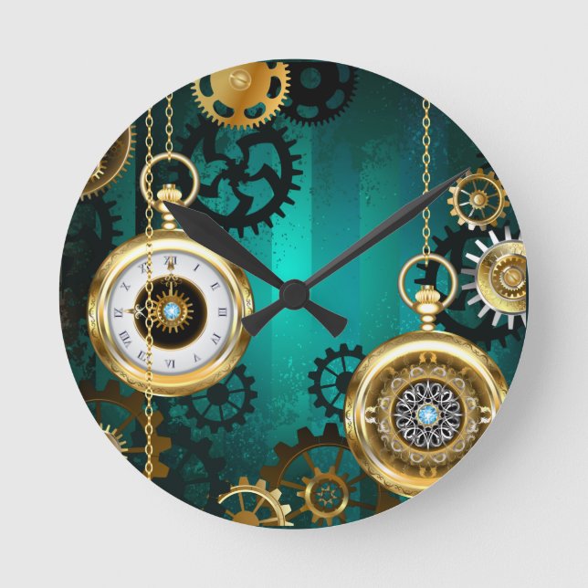 Horloge Ronde Steampunk Jewelry Watch on a Green Background (Recto)