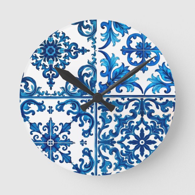Horloge Ronde style italien, méditerranéen, mosaïque, bleu, (Recto)