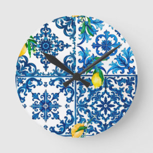 Horloge Ronde style italien, méditerranéen, mosaïque, bleu, citr