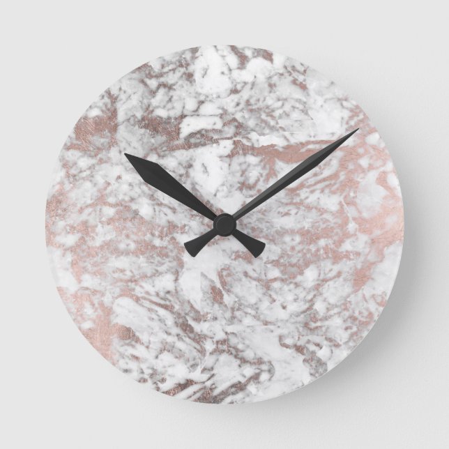Horloge Ronde Style moderne blanc faux rose or élégant marbre (Recto)