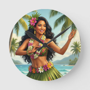 Horloge Ronde Style Vintage Fille Hula Hawaïen Voyage