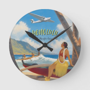 Horloge Ronde Style Vintage Hawaïen Voyage Honolulu Fille Hula