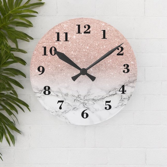 Horloge Ronde Stylish Faux rose rose pink ombre blanc (Stylish faux rose pink glitter ombre white marble round clock)