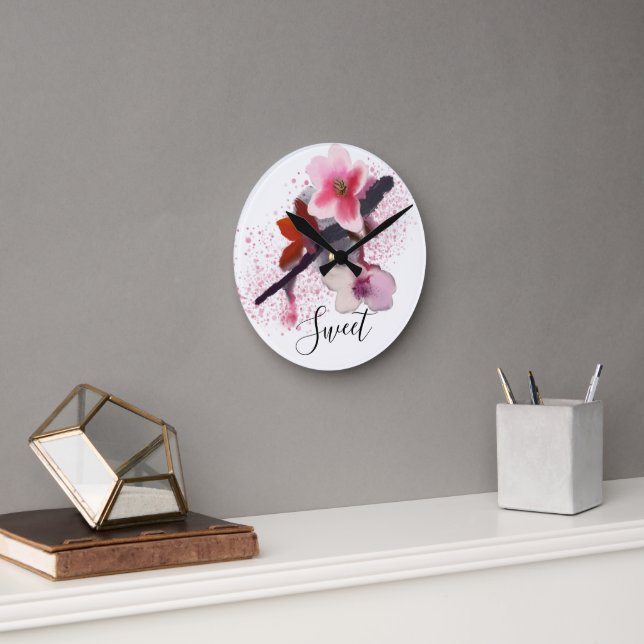Horloge Ronde "SUCRE" | Élégante Fleur de cerisier rose chic (Bureau)