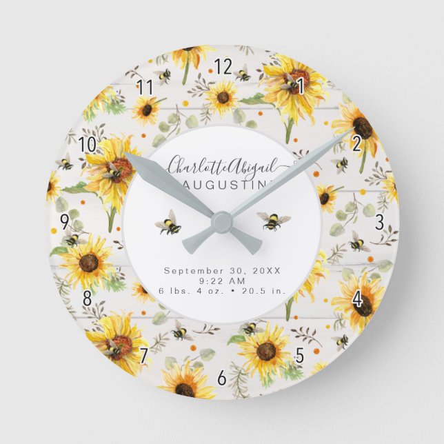 Horloge Ronde Sunflower Bee Rustique Bois Jaune Statistiques de  (Recto)