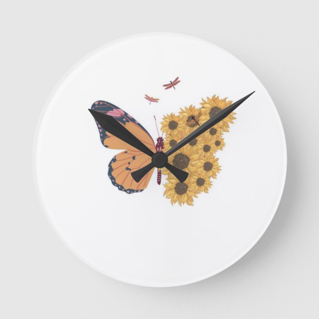 Horloge Ronde Sunflower Wings Timepiece – Butterfly Nature Wall  (Recto)