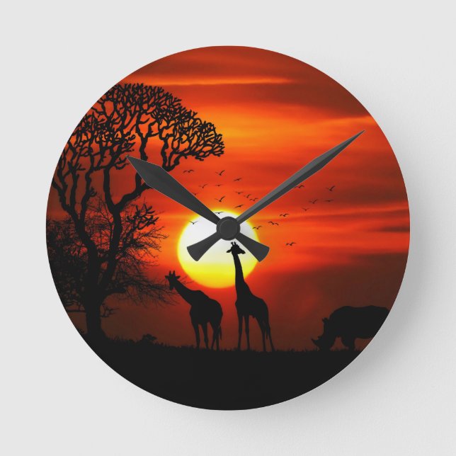 Horloge Ronde Sunset orange en Africa w Giraffe silhouette (Recto)