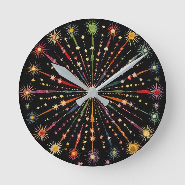 Horloge Ronde Supernova - Rainbow Stars Galaxy Black Retro Boho (Recto)