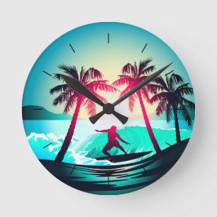 Horloge Ronde Surf avec palmiers