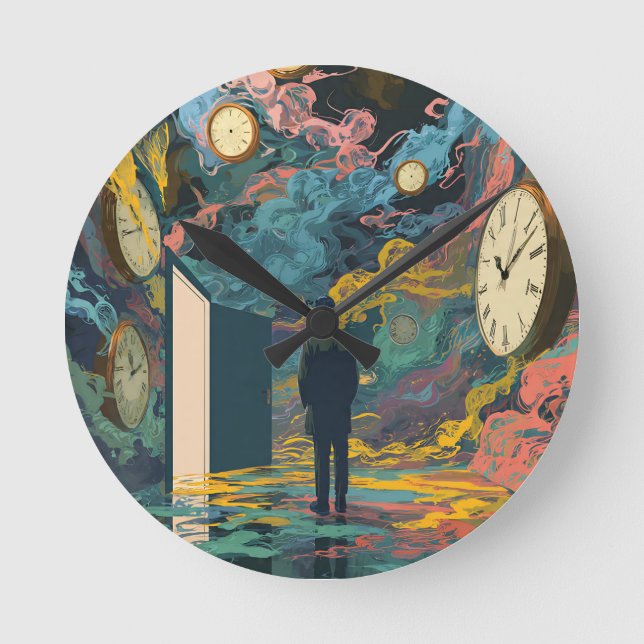 Horloge Ronde Surreal Figure Room Swirling Clocks Smoke Wall Art (Recto)