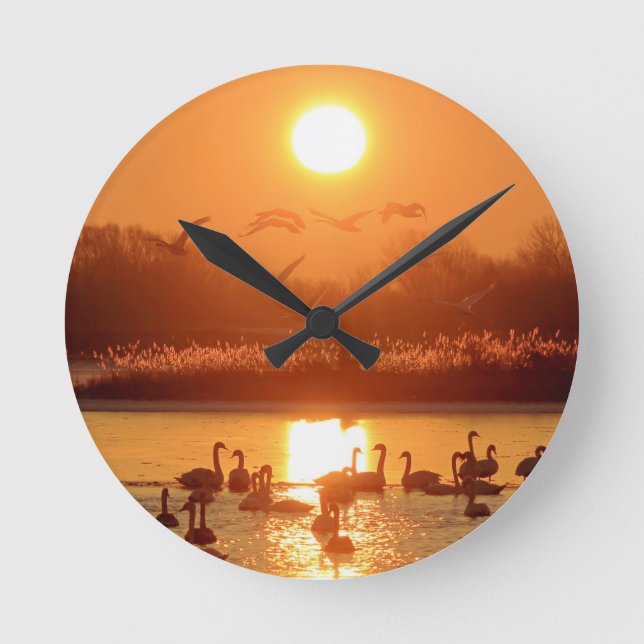 Horloge Ronde Swans dans le lac au coucher du soleil (Recto)