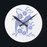 Horloge Ronde Swedish Dala Horse<br><div class="desc">A traditionnel Swedish Dala Horse design in periwinkle blue and white.</div>