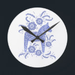 Horloge Ronde Swedish Dala Horse<br><div class="desc">A traditionnel Swedish Dala Horse design in periwinkle blue and white.</div>