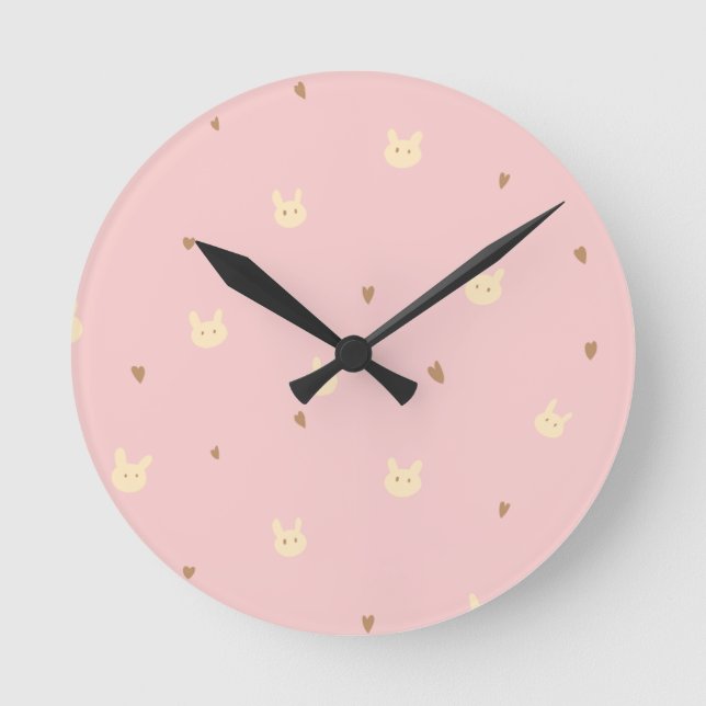 Horloge Ronde Sweet Bunny & Hearts Seamless Pattern – Cute Pink  (Recto)