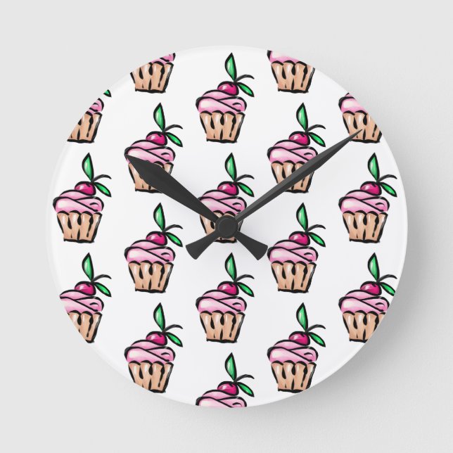 Horloge Ronde Sweet girly pink cupcake cake candy cherry (Recto)