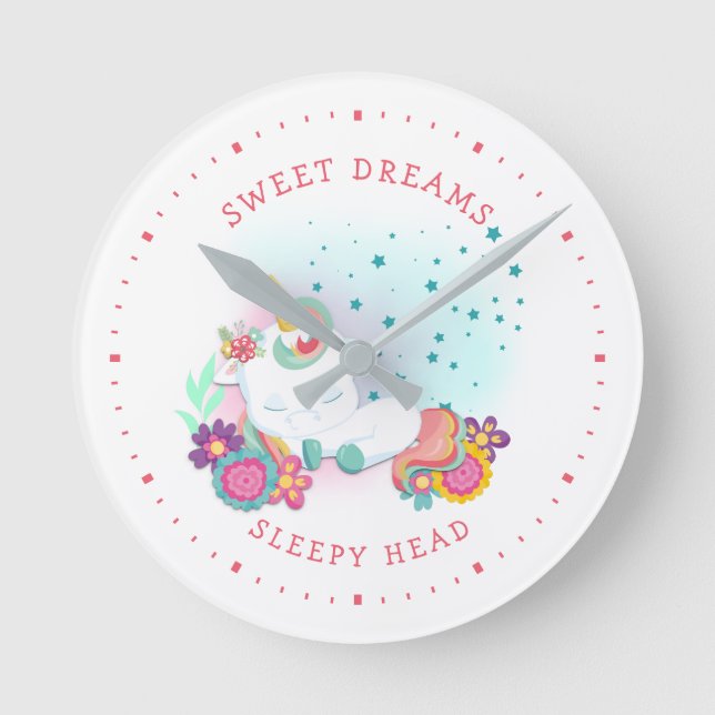 Horloge Ronde Sweets Dreams Tête Sleepy Unicorn rose blanc Minut (Recto)