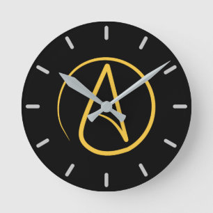 Horloge Ronde Symbole athée : jaune sur noir