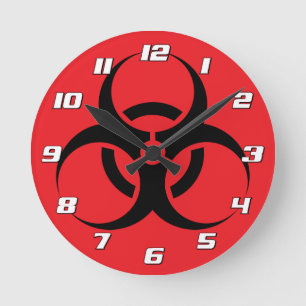 Horloge Ronde Symbole Bio-Risque Noir sur les chiffres rouges