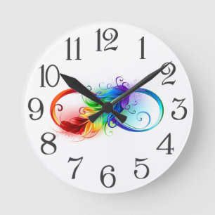 Horloge Ronde Symbole d'infini avec plume arc-en-ciel