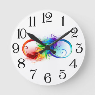 Horloge Ronde Symbole d'infini avec plume arc-en-ciel