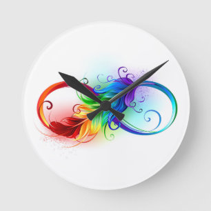 Horloge Ronde Symbole d'infini avec plume arc-en-ciel