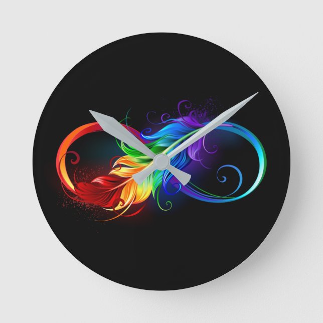 Horloge Ronde Symbole d'infini avec plume arc-en-ciel (Recto)