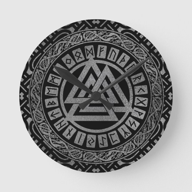 Horloge Ronde Symbole métallique argenté de Valknut sur le motif (Recto)