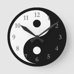 Horloge Ronde Symbole Yin Yang Blanc/Noir avec des nombres gris
