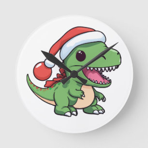 Horloge Ronde T-Rex dinosaure Kawaii en chapeau de Noël
