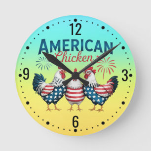 Horloge Ronde T-shirt 4 juillet poulet patriotique américain-629