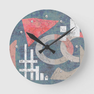 Horloge Ronde Tableau Abstrait vintage vieux corail bleu géométr