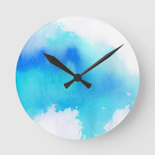 Horloge Ronde Tache bleue, peint à la main abstrait d'aquarelle