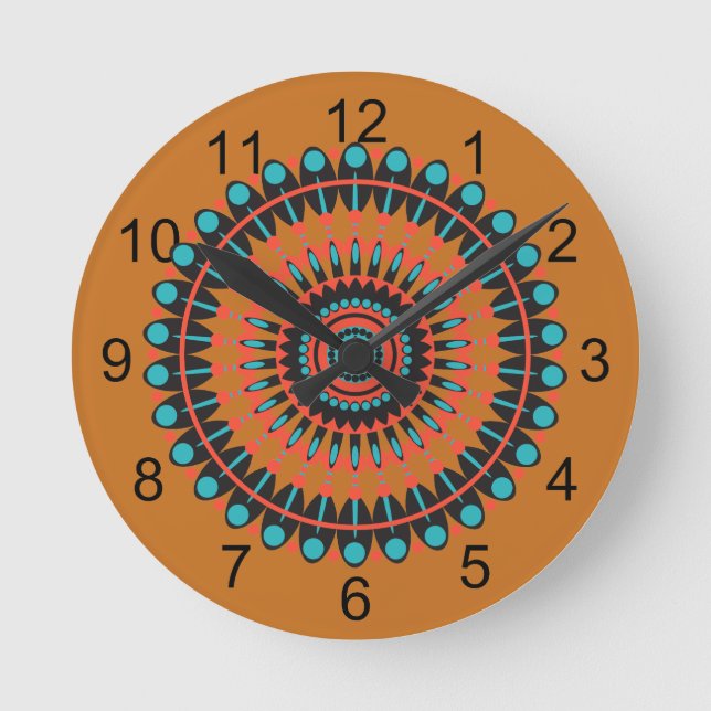 Horloge Ronde Tan & Turquoise Sud-Ouest BOHO Mandala (Recto)