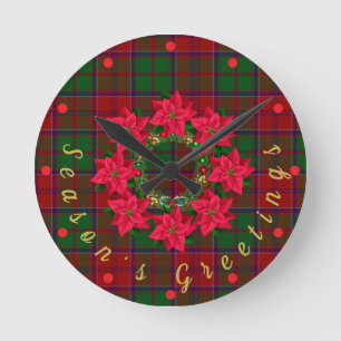 Horloge Ronde Tartan à carreaux rouges Poinsettia Noël
