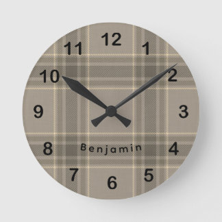 Horloge Ronde Tartan Beige Gris Carreaux Rustique de Ferme
