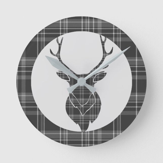 Horloge Ronde Tartan écossais Rustique Gris Et Antler De Tête De (Recto)