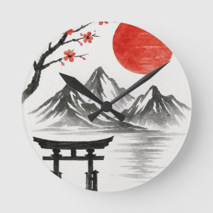 Horloge Ronde Tasse Accent Paysage Montagneux Soleil Rouge Japon