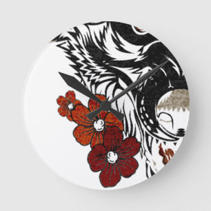 Horloge Ronde Tatoo Fleur Loup Vintage