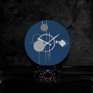 Horloge Ronde Tattoo Line Art   Abstrait Marine Blue Charcoal Gr