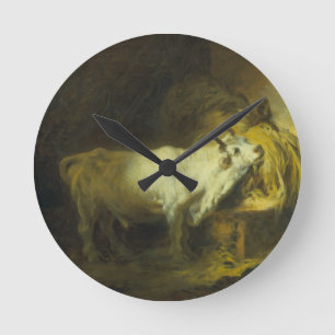 Horloge Ronde Taureau blanc dans le stable (huile sur la toile)
