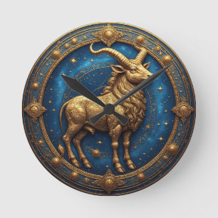 Horloge Ronde Taureau doré dans un cercle du zodiaque cosmique